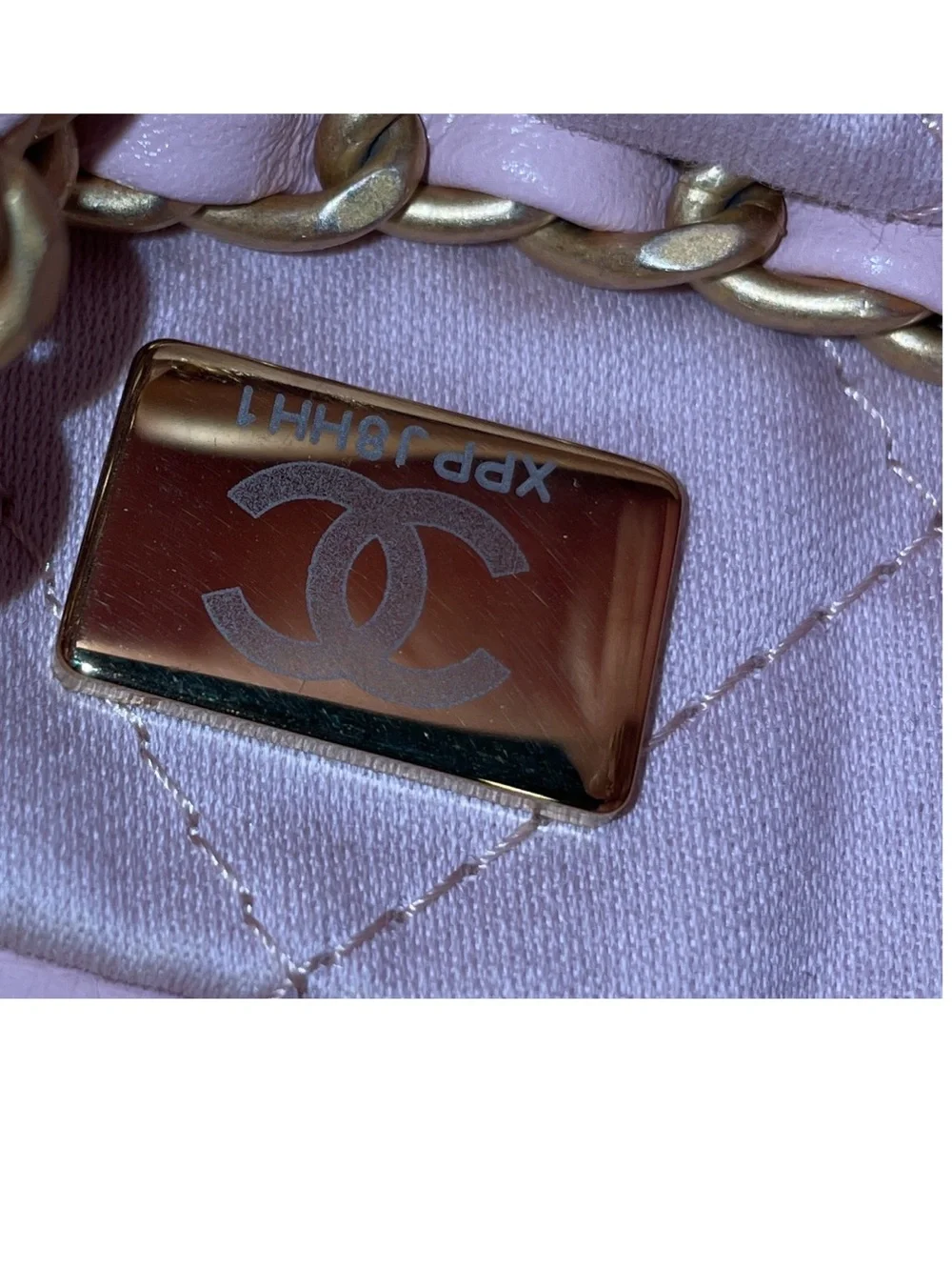 CHANEL Light Pink Quilted Drawstring Shoulder Bag with Gold Chain
